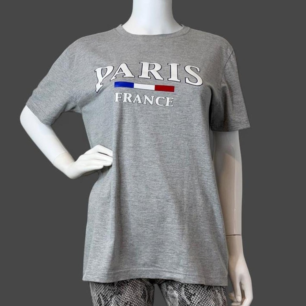 Gray Paris France cotton t-shirt with white text and French flag colors, M
